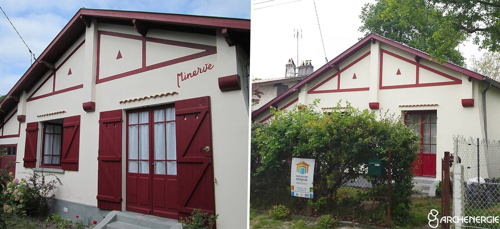 Maison typique des années 50 à Andernos (33). Avant travaux (photo à gauche). Après travaux d’isolation extérieure en polystyrène (photo à droite).